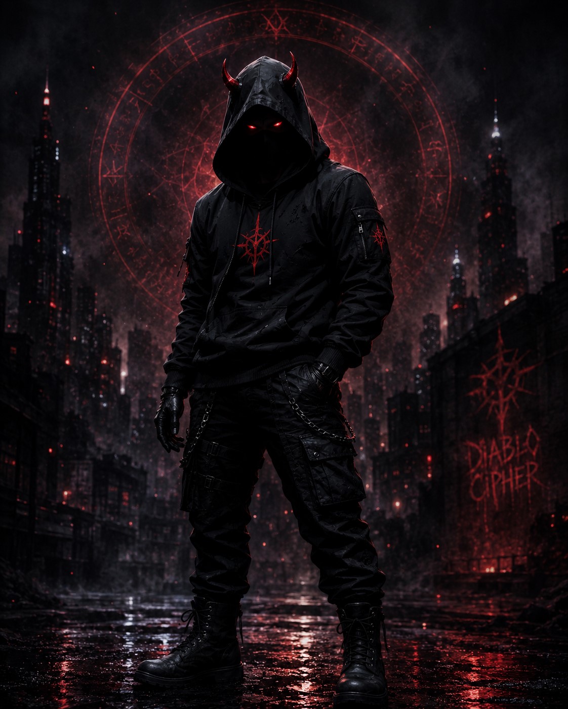 Diablo Cipher standing in a rain-dark city beneath a crimson sigil